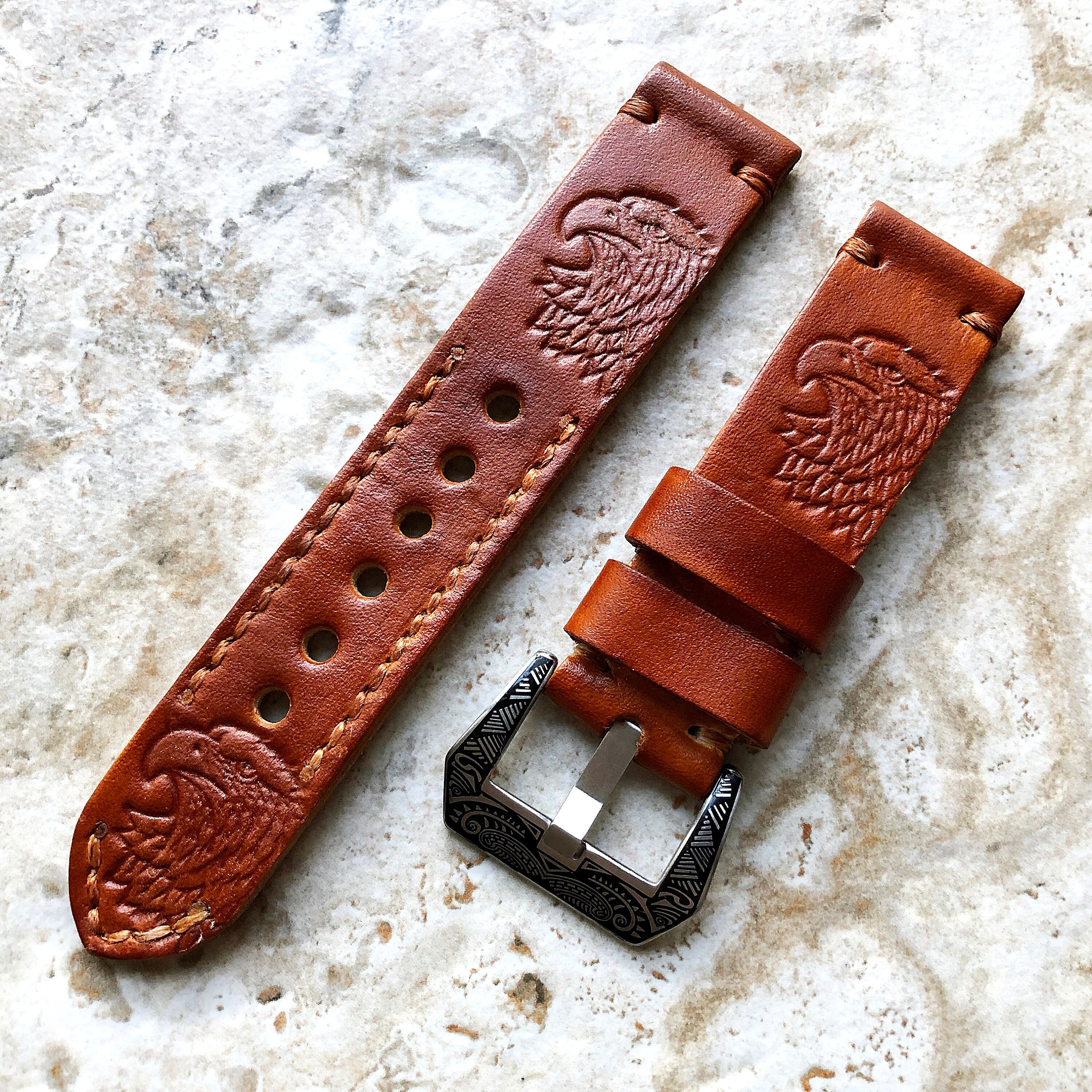 N American Eagle Band 22mm 24mm 25mm Tooled Embossed Genuine Leather Compatible with Apple Watch Fitbit Versa 2 3 4 Sense 2 Ionic Strap